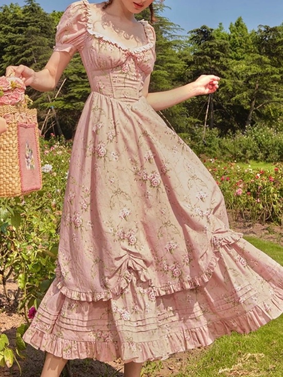 Lacemade Dresses & Skirts - Lacemade Rose Pink Floral Corset Maxi Dress with Puff Sleeves